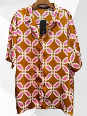 Zara Satin Retro Geometric Print Top size L